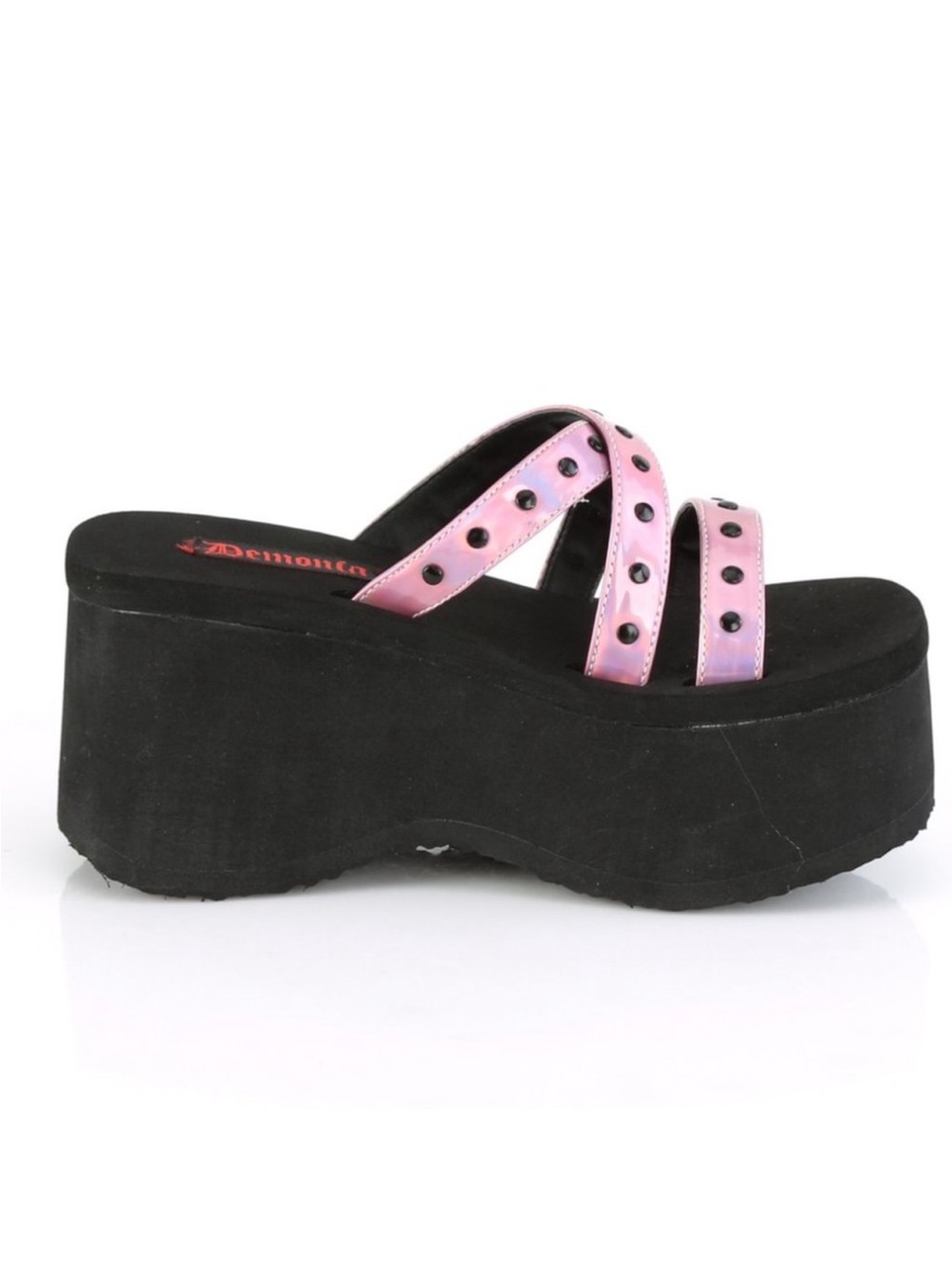 Demonia Pink Holographic Studded Platform Slide